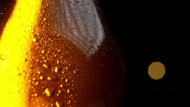 Uma Fria Garrafa Cerveja Coberta Gotas Macro Tiro Fundo Preto — Vídeo de Stock