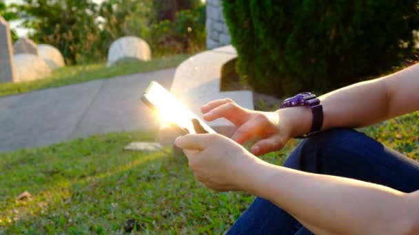 Vrouw met behulp van mobiele telefoon in het park — Stockvideo