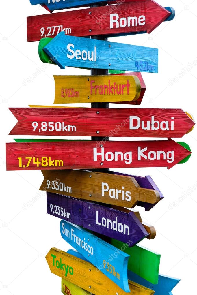 Wooden signpost indicating directions of nine world continents over white background