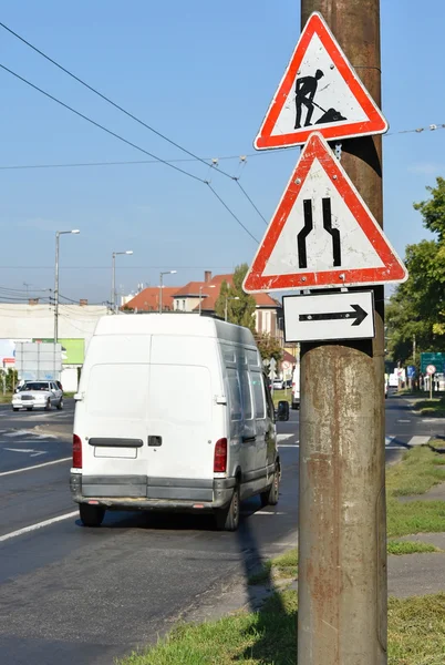 Road works and bottleneck traffic signs — Stock Photo, Image