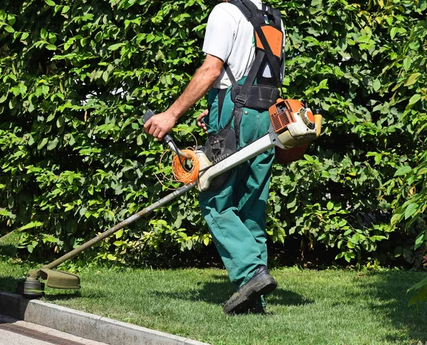 El hombre está cortando la hierba en el parque — Foto de Stock