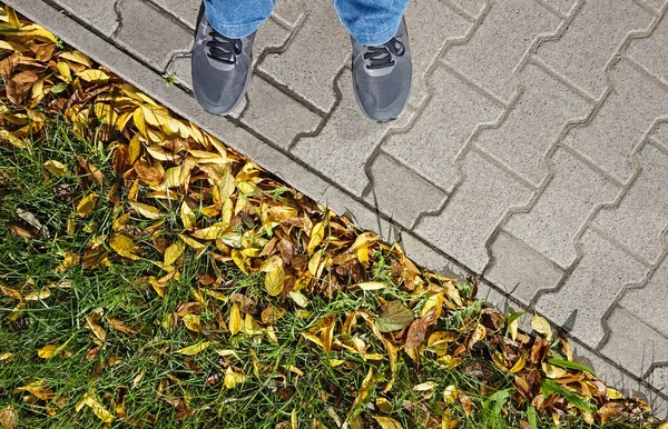 Człowiek stoi na brukowej jesienią — Zdjęcie stockowe