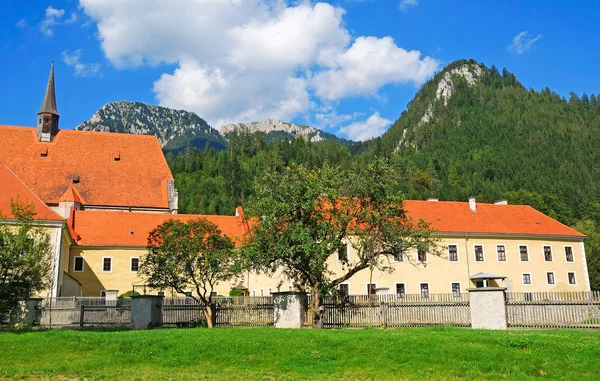 Старые здания и горы Австрии — стоковое фото