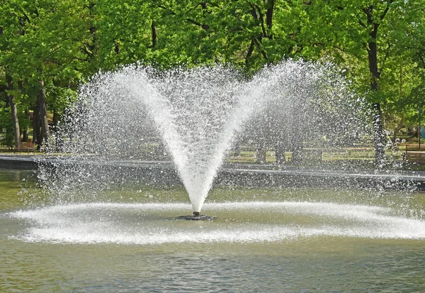 Fonte no lago ao lado de um parque da cidade — Fotografia de Stock