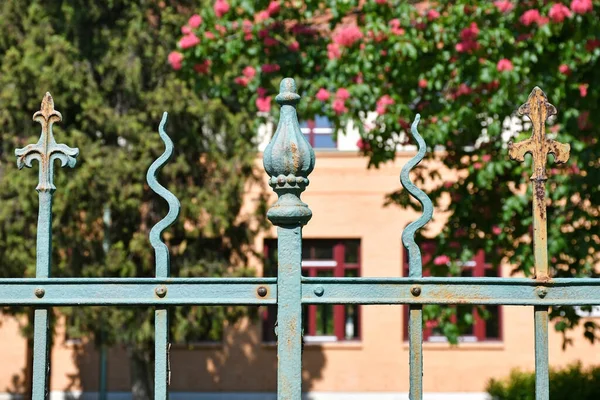 Cerca Metal Adornado Delante Árbol — Foto de Stock