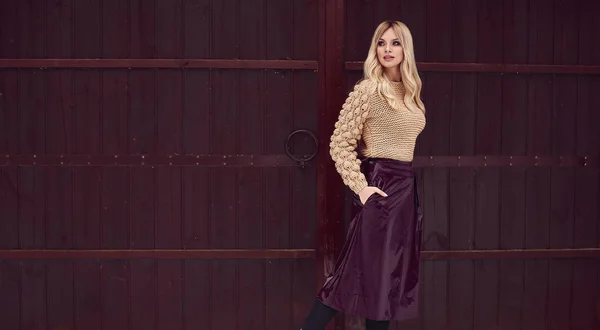 Loira elegante lindo em vestido brilhante em fundo de madeira — Fotografia de Stock