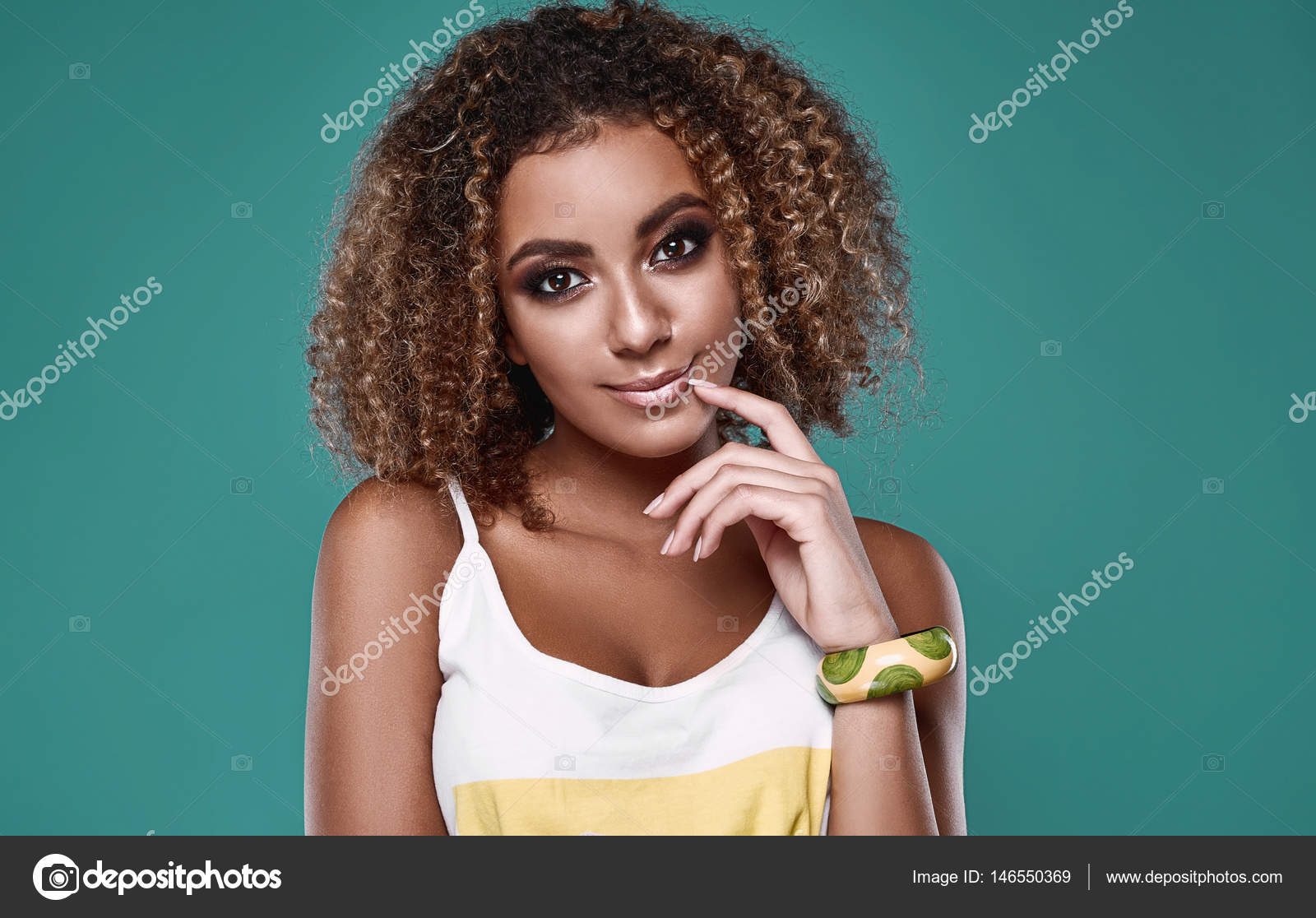 Glamor Swag Black Hipster Woman Model With Curly Hair Stock