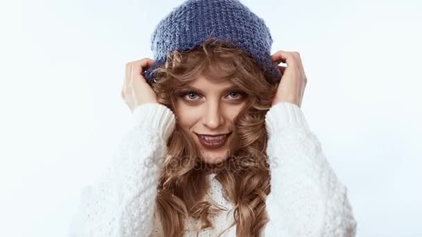 Portrait Sensual Positive Beautiful Blond Woman Sweater Blue Hat Isolated — Stock Video