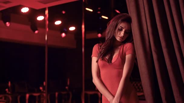 Portrait Gorgeous Beauty Young Brunette Woman Wearing Red Dress Luxury — Stock Video
