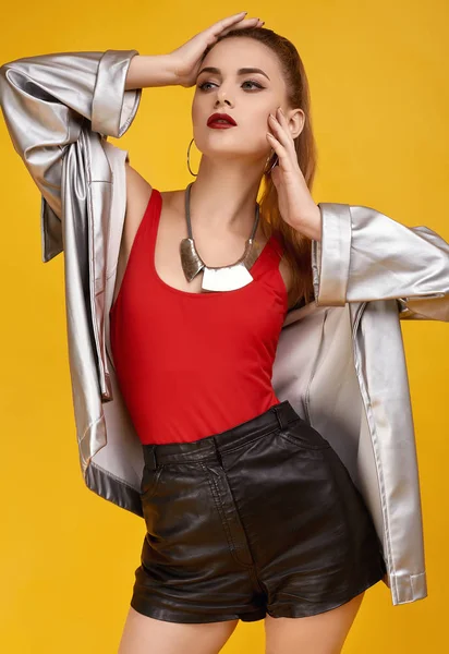 Elegant glamor hipster girl in red top, black shorts and jeans jacket — Φωτογραφία Αρχείου
