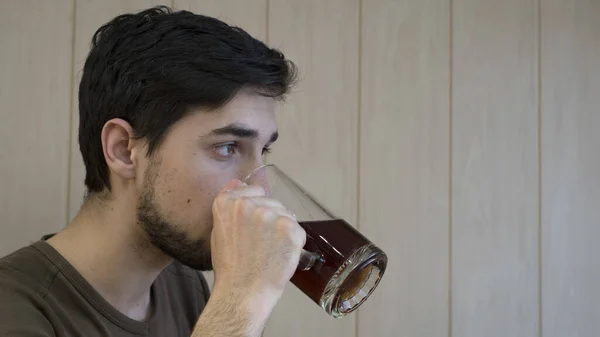 Young Manly Short Haired Brunette Beard Drinks Kvass Glass Mug — Stock Photo, Image