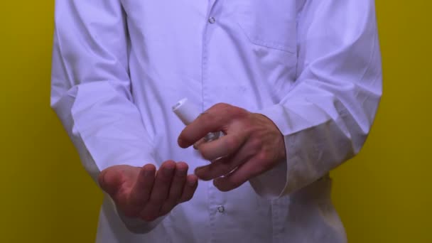 Doctor White Coat Treats His Hands Antiseptic Gel Close Coronavirus — Stock Video