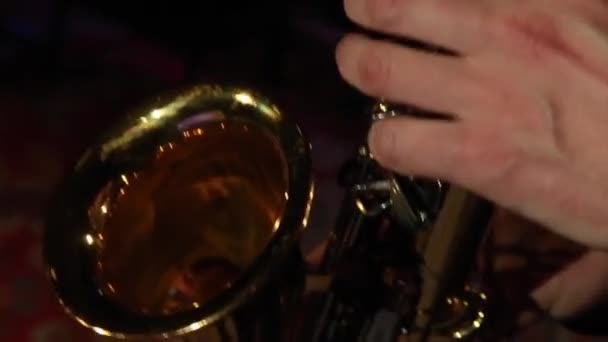 Die Finger eines Saxofonisten, der auf der Bühne Saxofon spielt — Stockvideo