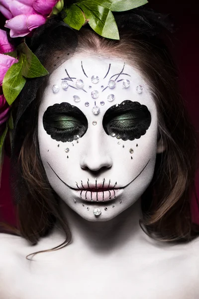 Woman in Halloween makeup - mexican Santa Muerte mask. — Stock Photo, Image