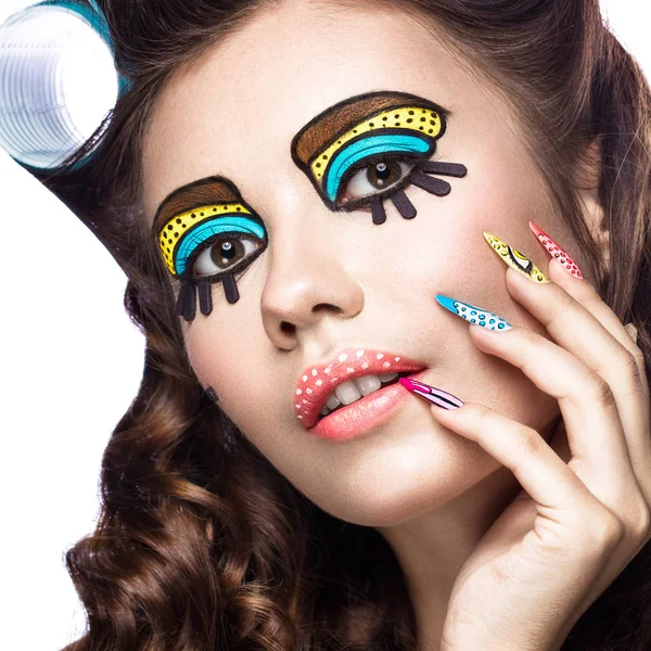 Photo of surprised young woman with professional comic pop art make-up and design manicure. Creative beauty style. — Stock Photo, Image