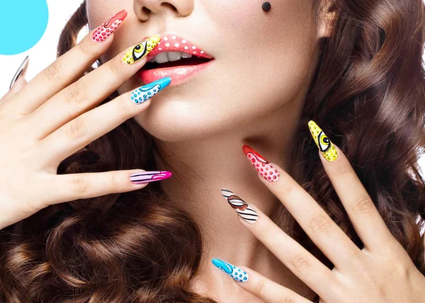 Photo of surprised young woman with professional comic pop art make-up and design manicure. Creative beauty style. — Stock Photo, Image