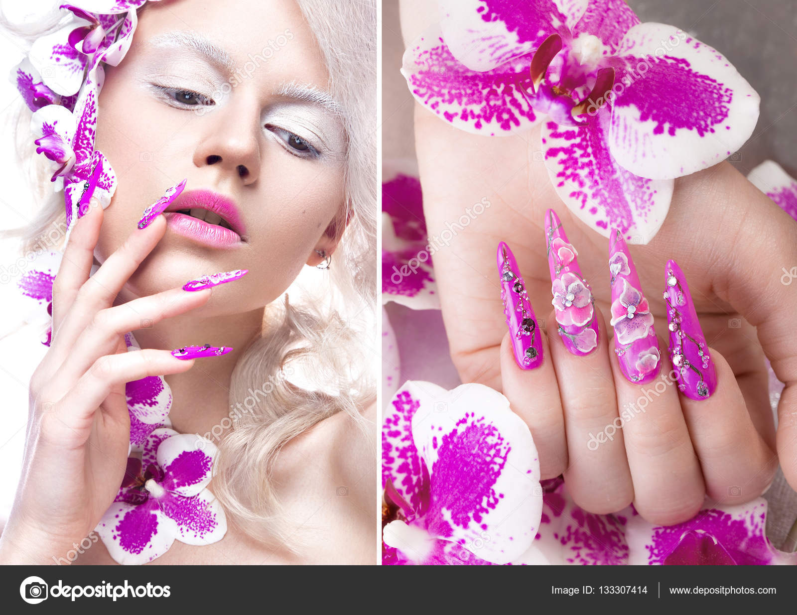Beautiful girl with art make-up, flowers, curls and long nails. Manicure  design. The beauty of the face. Photos shot in studio Stock Photo | Adobe  Stock