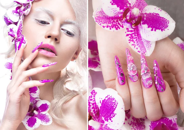 Menina bonita com arte make-up, flores, cachos e unhas longas. Design de manicure. A beleza do rosto . — Fotografia de Stock