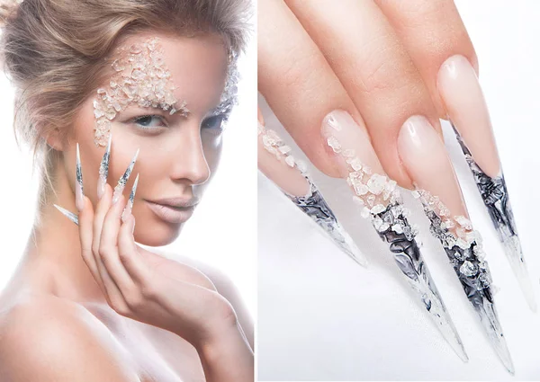 Bella modella di moda con unghie lunghe, trucco creativo e design manicure. Bellezza viso arte. collage di foto — Foto Stock