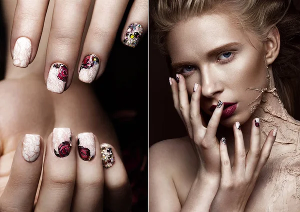 Hermosa chica con el arte de maquillaje creativo y manicura de diseño. La belleza de la cara. Fotos tomadas en el estudio — Foto de Stock