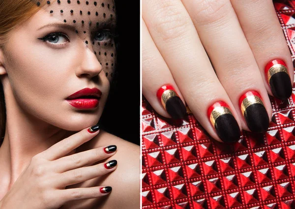 Menina bonita com um véu, maquiagem à noite, unhas pretas e vermelhas. Manicura de design. Cara de beleza . — Fotografia de Stock