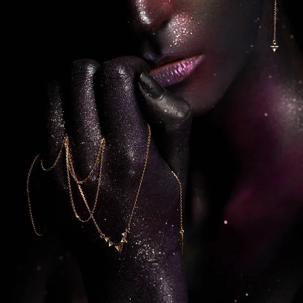 Beautiful girl with art space makeup on her face and body. Glitter Face. — Stock Photo, Image