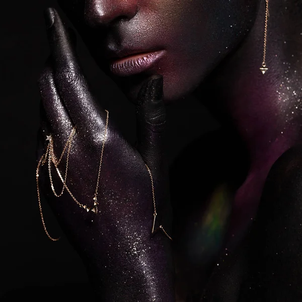 Beautiful girl with art space makeup on her face and body. Glitter Face. — Stock Photo, Image