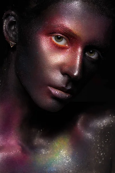 Beautiful girl with art space makeup on her face and body. Glitter Face. — Stock Photo, Image