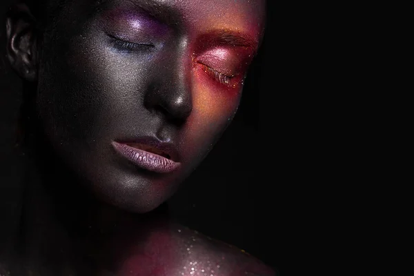 Beautiful girl with art space makeup on her face and body. Glitter Face. — Stock Photo, Image