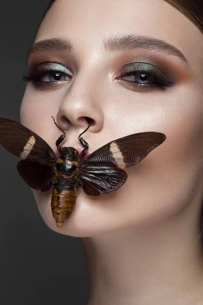 Retrato de hermosa chica con maquillaje colorido y cigarra. Cara de belleza . — Foto de Stock