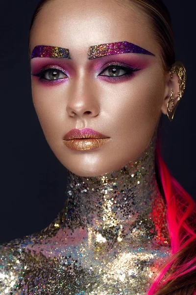 Beautiful girl with creative glitter makeup, sparkles, unusual eyebrows. Beauty is an art face. — Stock Photo, Image