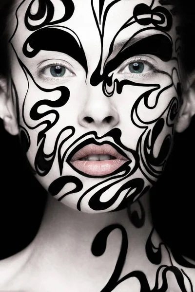 Beautiful girl with art black and white makeup and nails. Creative beauty face. — Stock Photo, Image