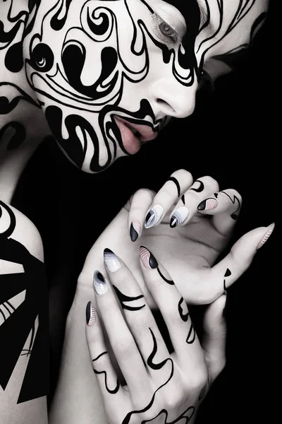 Beautiful girl with art black and white makeup and nails. Creative beauty face. — Stock Photo, Image