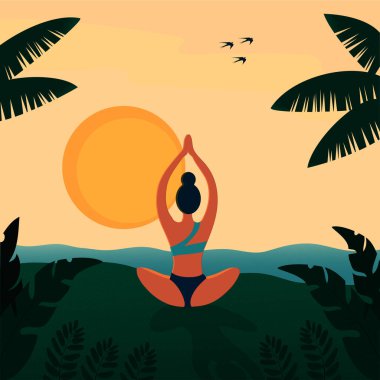 Güneş batarken tropikal plajda yoga yapan bir yoginin vektör tasarımı