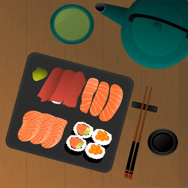 Vektor Desain Piring Sushi Dengan Sumpit Dan Teh Hijau Atas - Stok Vektor