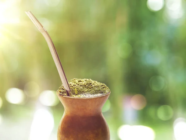 Chimarro, tradicional mate de chá quente. Bebida do Sul do Brasil. Também conhecido como companheiro. Em fundo bokeh verde ensolarado — Fotografia de Stock