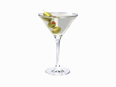 İçki martini. Beyaz izole zeytinli martini. Martini kokteyl beyaz arka plan üzerinde.