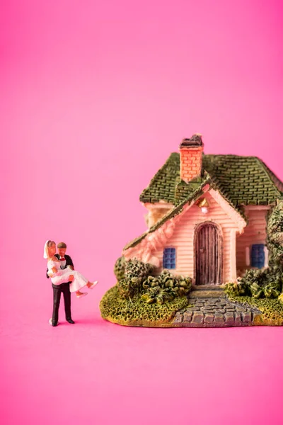 Couple Miniature Sur Fond Rose — Photo