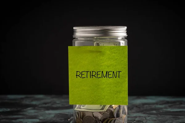 Retirement Wordings Paper Stucked Jar Full Coins — Stock Photo, Image