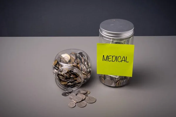 Medical saving concept. MEDICAL wordings on a paper sticked on a jar full of coins