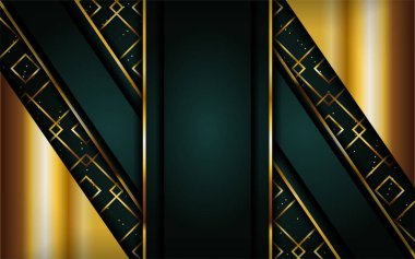 Altın çizgileri olan lüks kaliteli donanma yeşil soyut arka plan. Üst üste dizayn edilmiş katman tasarımı. Dokulu arka plan üzerinde gerçekçi ışık etkisi. Vektör illüstrasyon şablon tasarımı.