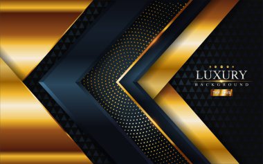 Lükslü koyu renkli, altın çizgileri ve örtüşen katmanlı arka plan tasarımı var. Vektör grafik illüstrasyonu