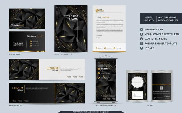 Modern Black Gold Polygonal Stationery Mock Set Visual Brand Identity — Stock Vector