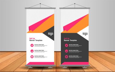 Modern Roll Up Banner. Renkli arkaplanlı vektör şablonu tasarımı tanıtılıyor. Grafik ögesi.