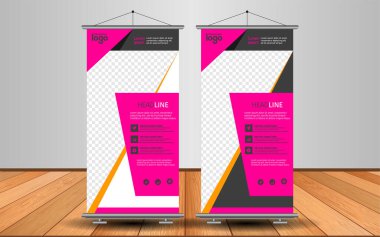 Modern Roll Up Banner. Renkli arkaplanlı vektör şablonu tasarımı tanıtılıyor. Grafik ögesi.
