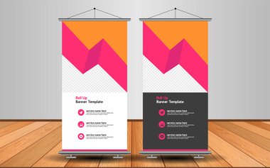 Modern Roll Up Banner. Renkli arkaplanlı vektör şablonu tasarımı tanıtılıyor. Grafik ögesi.