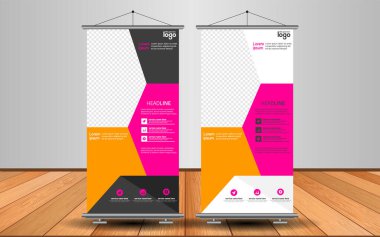 Modern Roll Up Banner. Renkli arkaplanlı vektör şablonu tasarımı tanıtılıyor. Grafik ögesi.