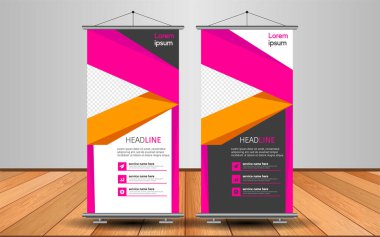 Modern Roll Up Banner. Renkli arkaplanlı vektör şablonu tasarımı tanıtılıyor. Grafik ögesi.