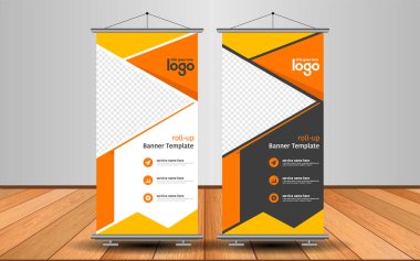 Modern Roll Up Banner. Renkli arkaplanlı vektör şablonu tasarımı tanıtılıyor. Grafik ögesi.