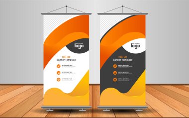 Modern Roll Up Banner. Renkli arkaplanlı vektör şablonu tasarımı tanıtılıyor. Grafik ögesi.